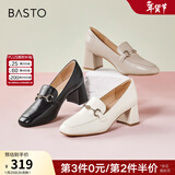 百思图秋季商场新款舒适乐福鞋高跟鞋羊皮鞋粗跟女单鞋KA103AA3 粉色 36