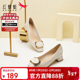 红蜻蜓秋冬女士粗跟小香风皮鞋职业通勤妈妈鞋高跟鞋WFB31540 米白色 35