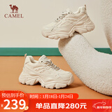 骆驼（CAMEL）老爹鞋女网布皮面拼接双系带厚底休闲鞋 L24S283079 杏色 40
