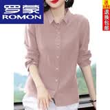罗蒙（ROMON）100%纯棉衬衫女中年妈妈文艺麻26春夏季新款大尺码宽松遮肉上衣女 皮粉色 M 【建议85-105斤】