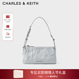CHARLES&KEITH褶皱油蜡皮斜挎小方包手提包腋下包女士生日新年礼物CK2-80160183 Grey灰色 S