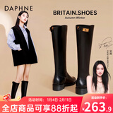 达芙妮官方长筒靴女2025秋冬新款骑士靴子女显瘦加绒高筒靴英伦风时装鞋 复古黑 单层 36