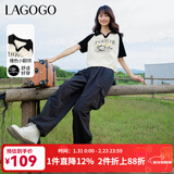 LAGOGO撞色翻领短袖T恤女拉谷谷春季新款休闲透气插肩短款上衣 米黑(TW) S