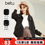 betu百图女装复古翻领赫本风娃娃领精致织带花边灯笼袖毛呢外套女2109T01 黑色 XS