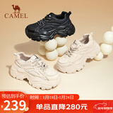 骆驼（CAMEL）老爹鞋女网布皮面拼接双系带厚底休闲鞋 L24S283079R 杏色绒里 37