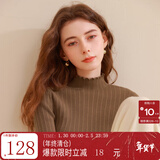三彩冬款纯色坑条针织衫木耳边半高领修身打底内搭简约女 咖啡色 M