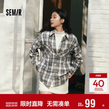 森马（Semir）长袖衬衫女春季中长款oversize翻领落肩格纹女生衬衣101125105007