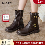 百思图冬新款潮酷加绒保暖粗跟女马丁靴通勤皮短靴棉鞋W2551DZ4 棕色绒里 36