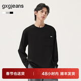 gxgjeans男装 加厚磨毛口袋设计宽松圆领长袖T恤男 25秋冬热卖 黑色 春秋款 XL (180)