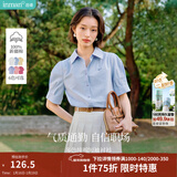 茵曼（INMAN）【纯棉】百搭压褶刺绣翻领衬衫女装2026夏季新款泡泡袖衬衣上衣 浅蓝色 优先发货 M