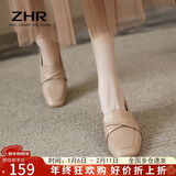 ZHR乐福鞋女一脚蹬真牛皮粗跟单鞋懒人鞋方头舒适英伦皮鞋女BL66杏40