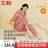 三枪（THREEGUN）睡衣男女100%纯棉抗静电新疆棉绒布格纹开襟长袖长裤家居服套装 女 暖桔格 2XL