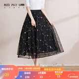 烟花燙裙子女2025年秋冬新款黑色松紧高腰通勤百搭绣花网纱半身裙 萝素 黑色绣花 L（适合130-140斤）