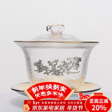容山堂华璃 镶锡玻璃盖碗茶杯 耐热加厚三才茶碗大号泡茶功夫茶具 镶锡锤纹玻璃三才盖碗-喜鹊