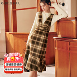 Olrain【5折】法式格子背带连衣裙女秋冬年收腰复古背心裙 咖格 M