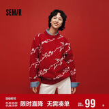 森马（Semir）张仁华非遗联名骐骥红色毛衣女新年祥鹿提花针织衫101125107014