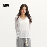 森马（Semir）长袖T恤女夏季V领纯色仿麻宽松抽绳罩衫2026温柔上衣109326101006
