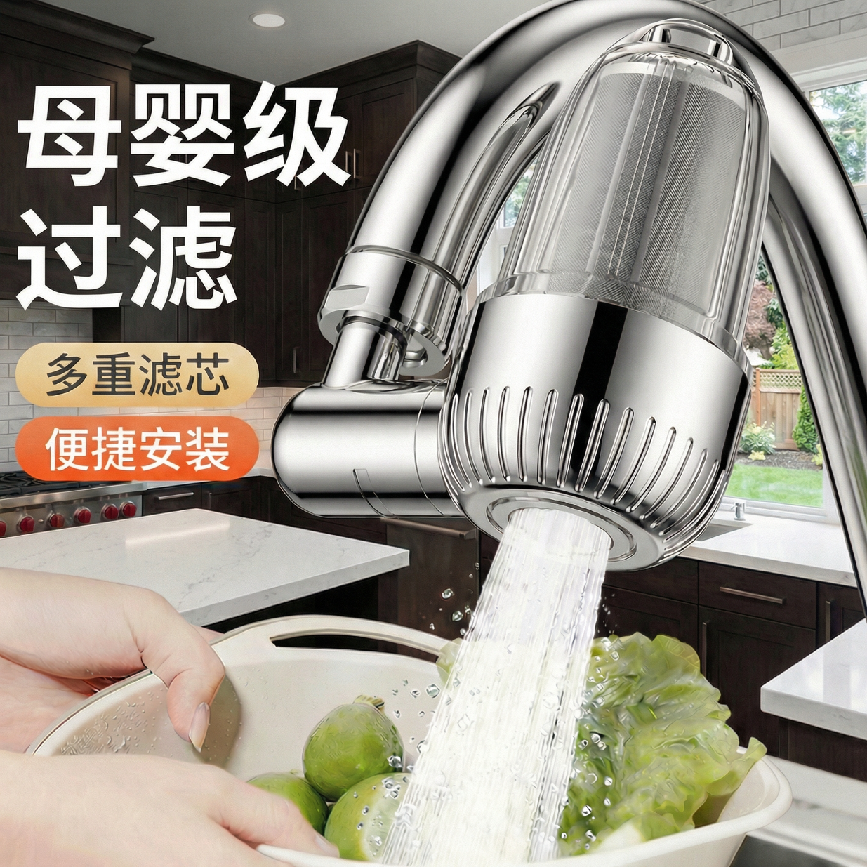 taoshi【德国】厨房水龙头过滤器可清洗家用自来水净水器防溅头万能接头 银色【新升级三重过滤】万向旋转 过滤净水丨通用安装
