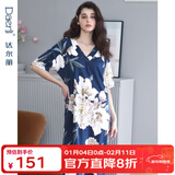 达尔丽睡裙女夏季纯棉睡衣短袖V领宽松家居服优雅牡丹印花国潮长款可外穿连衣裙 蓝色T8202201-031 M 【建议体重90-110斤】