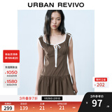 UR2025春季新款女装撞色蕾丝飘带U领无袖修身连衣裙UYY750014 深棕色 (偏短) XS