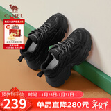 骆驼（CAMEL）老爹鞋女网布皮面拼接双系带厚底休闲鞋 L24S283079 黑色 36