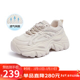骆驼（CAMEL）老爹鞋女网布皮面拼接双系带厚底休闲鞋 L23S703108W 杏色透网 37