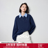 初语拼接假两件衬衫卫衣女25春秋新款知识分子时尚polo领上衣情侣 黑蓝色 L