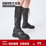 Semir官方正品时装靴女靴春秋季新款潮流休闲高帮系带机车靴长筒靴女 黑色 39