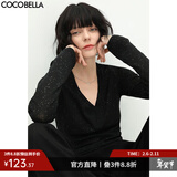 COCOBELLA两穿领型满天星亮片针织衫时尚V领打底衫女上衣T恤TS642 黑色 M