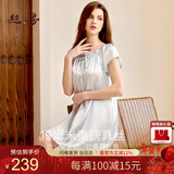 丝界真丝睡裙女桑蚕丝宽松短袖公主睡衣裙纯色绣花家居服节日礼物