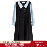 独束大码女装假两件撞色衬衫领连衣裙女秋冬微胖mm文艺复古穿搭裙子 墨染黑【适合160左右】 M