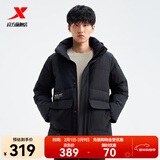 特步【门店同款】羽绒服男冬季保暖连帽夹克外套面包服976429190245 正黑色 XL