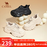 骆驼（CAMEL）老爹鞋女网布皮面拼接双系带厚底休闲鞋 L24S283079R 杏色绒里 37