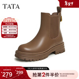 他她（TATA）焦糖布丁烟筒靴女靴子厚底加绒秋冬短靴切尔西靴WAQA2DD4 啡色（绒里） 37