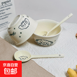 奶油修狗一人食餐具四件套高颜值釉下彩陶瓷泡面碗手柄碗饭碗勺筷 奶油旺（2碗2勺） 4件套