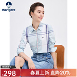 Navigare意大利小帆船女士长袖衬衫春秋季休闲格子衬衣莱赛尔高档寸衫 蔚蓝/白 L