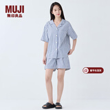 MUJI女式凉感双层纱织短袖睡衣套装女士家居服女款25年夏季 藏青色竖条纹 L -XL(上装170/92A下装170/74A)