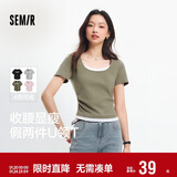 森马（Semir）短袖t恤女短款假两件百搭上衣25夏装显瘦U领套头衫109325100015