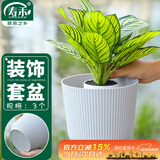 寿禾花盆套盆储水防漏水无托盘塑料盆 浅灰花纹装饰盆(底部无孔)3个装