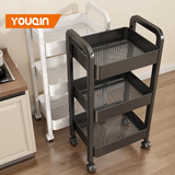 优勤（YOUQIN）厨房置物架多功能落地放菜小推车家用果蔬菜篮子多层收纳架 【加厚】三层白色【挂钩+滑轮】