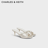CHARLES&KEITH方头蝴蝶结褶皱细跟拖鞋凉鞋生日礼物送女友CK1-60280476 粉白色Chalk 36 （230）
