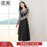 香影复古格子假两件连衣裙女2026春季新款收腰拼接学院风中长裙子 深灰 S 155/80A/85-95斤