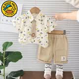 G.duck小黄鸭童装男童套装夏季薄款儿童衣服帅气小童宝宝夏装衬衫两件套 衬衫领带满印熊卡其色 100 建议2-3岁25-30斤