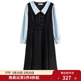 独束大码女装假两件撞色衬衫领连衣裙女秋冬微胖mm文艺复古穿搭裙子 墨染黑【适合160左右】 XL