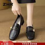 ZHR则则单鞋女新款优雅珍珠扣乐福鞋女通勤粗跟小皮鞋女两穿女鞋K170黑37