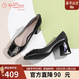 金利来（Goldlion）女鞋方头粗高跟简约金属扣饰浅口工作单鞋68291009601P-黑色-34码