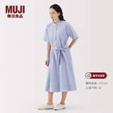 MUJI女式 凉感 短袖衬衫连衣裙女装裙子纯棉25年夏季长裙 萨克森蓝条纹 S (155/80A)