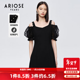 艾诺丝雅诗【商场同款】夏新珍珠网纱泡泡袖短袖小清新小黑裙连衣裙10429006 黑色 S