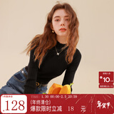 三彩冬款纯色坑条针织衫木耳边半高领修身打底内搭简约女 经典黑 S