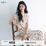 伊芙丽蒋欣代言V领高腰线长款碎花连衣裙女2025夏季新款气质茶歇裙 米白 S